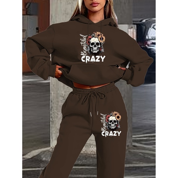 Women's 2024 New Skull Letter Print Hoodie and Pants Set, Casual Polyester Knit - Picture 1 of 6